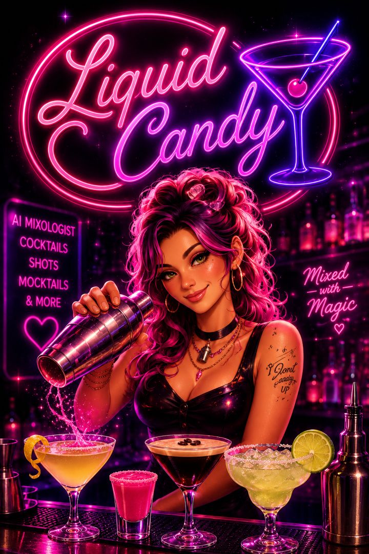 Candy, the Liquid Candy AI mixologist, shaking a cocktail behind a neon-lit bar